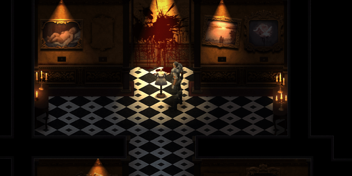In-game screenshot from "You Will Die Here Tonight," depicting a dimly lit, eerie art gallery with a checkered floor. Two characters face each other in the center, under a spotlight with a blood-splattered wall behind them. Classic paintings with a disturbing twist hang on the dark walls, and candles cast a soft glow, creating a foreboding atmosphere. The scene sets a suspenseful tone, suggesting an impending confrontation or a tense exploration moment in a horror survival game.
