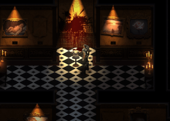 In-game screenshot from "You Will Die Here Tonight," depicting a dimly lit, eerie art gallery with a checkered floor. Two characters face each other in the center, under a spotlight with a blood-splattered wall behind them. Classic paintings with a disturbing twist hang on the dark walls, and candles cast a soft glow, creating a foreboding atmosphere. The scene sets a suspenseful tone, suggesting an impending confrontation or a tense exploration moment in a horror survival game.
