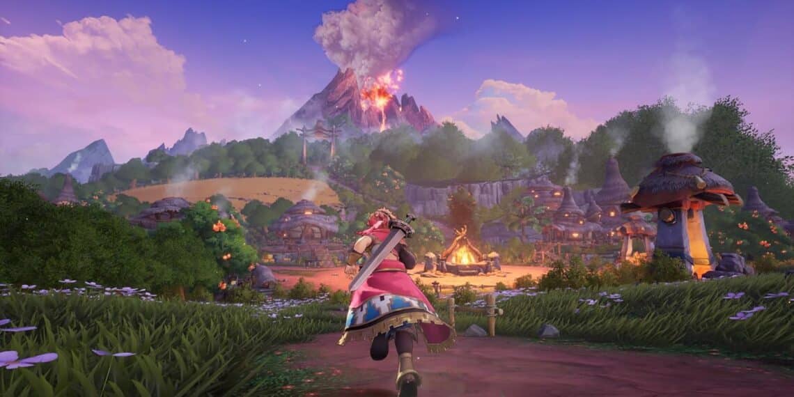 A vibrant scene from "Visions of Mana" depicting a character running towards a rustic village with whimsical mushroom-shaped houses. In the background, a majestic volcano erupts, contrasting the serene village atmosphere. The sky is painted in hues of pink and purple, suggesting either dawn or dusk. Fields of wheat sway in the distance, and a large bonfire crackles in the village center, adding to the game's magical and adventurous ambiance. The character’s attire and oversized sword hint at a fantasy RPG element central to the game's theme
