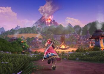 A vibrant scene from "Visions of Mana" depicting a character running towards a rustic village with whimsical mushroom-shaped houses. In the background, a majestic volcano erupts, contrasting the serene village atmosphere. The sky is painted in hues of pink and purple, suggesting either dawn or dusk. Fields of wheat sway in the distance, and a large bonfire crackles in the village center, adding to the game's magical and adventurous ambiance. The character’s attire and oversized sword hint at a fantasy RPG element central to the game's theme