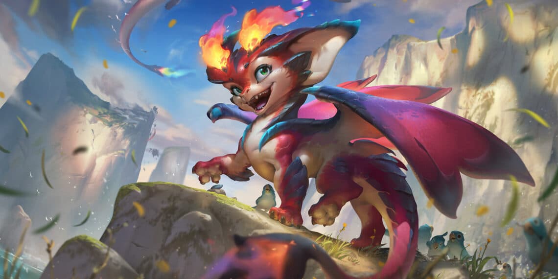 Vibrant artwork of League of Legends' newly redesigned champion, boasting fiery mane and wings, in a dynamic pose