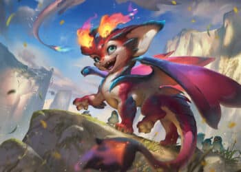 Vibrant artwork of League of Legends' newly redesigned champion, boasting fiery mane and wings, in a dynamic pose