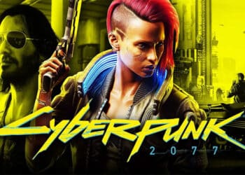 Imagem promocional de "Cyberpunk 2077" destacando dois personagens: à esquerda, um homem com óculos escuros e barba, segurando um rifle, com uma luz amarela de fundo; à direita, uma mulher com cabelo curto e vermelho, moicano azul, e uma jaqueta de couro, com uma cidade futurista ao fundo. O título "Cyberpunk 2077" em neon brilha em azul e amarelo na parte inferior, simbolizando a estética vibrante e o mundo repleto de neon do jogo.
