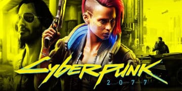 Imagem promocional de "Cyberpunk 2077" destacando dois personagens: à esquerda, um homem com óculos escuros e barba, segurando um rifle, com uma luz amarela de fundo; à direita, uma mulher com cabelo curto e vermelho, moicano azul, e uma jaqueta de couro, com uma cidade futurista ao fundo. O título "Cyberpunk 2077" em neon brilha em azul e amarelo na parte inferior, simbolizando a estética vibrante e o mundo repleto de neon do jogo.