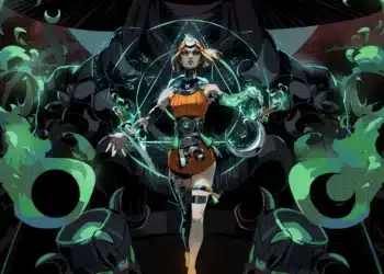 Ilustração de "Hades 2", mostrando uma personagem feminina com vestimentas laranja e cinza, detalhes futuristas e uma tiara com uma luz no centro. Ela está centralizada, manipulando magia verde-esmeralda que flui de suas mãos, com uma expressão focada. As sombras ao fundo insinuam figuras monstruosas. A arte é vibrante, capturando um estilo de arte sombrio e místico que sugere uma aventura épica no submundo.