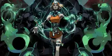 Ilustração de "Hades 2", mostrando uma personagem feminina com vestimentas laranja e cinza, detalhes futuristas e uma tiara com uma luz no centro. Ela está centralizada, manipulando magia verde-esmeralda que flui de suas mãos, com uma expressão focada. As sombras ao fundo insinuam figuras monstruosas. A arte é vibrante, capturando um estilo de arte sombrio e místico que sugere uma aventura épica no submundo.