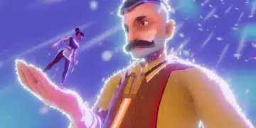 Imagen del videojuego Thirsty Suitors, mostrando un personaje masculino con mostacho sosteniendo una figura femenina que surfea en una mano gigante, con un fondo brillante y estrellado.