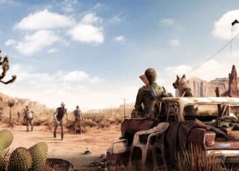 Review scene for Arizona Sunshine 2, featuring armed survivors and zombies in a desolate desert landscap