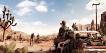 Review scene for Arizona Sunshine 2, featuring armed survivors and zombies in a desolate desert landscap