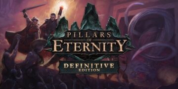 Imagen de la portada de "Pillars of Eternity Definitive Edition" con héroes en combate ante un fondo de monstruos y una atmósfera mágica.
