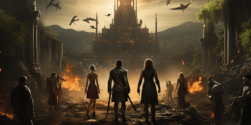 Ilustración épica de 'Achilles: Leyendas Inexploradas' con guerreros contemplando una ciudad medieval fantástica bajo una luna roja enorme, anticipando aventuras mitológicas para la reseña del juego.