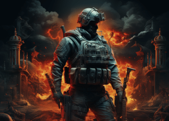 Striking artwork for a Call of Duty: Modern Warfare game, featuring a soldier in tactical gear with a gas mask, standing defiantly amidst a fiery, apocalyptic setting with ruins and a blazing sky.