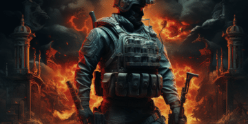 Striking artwork for a Call of Duty: Modern Warfare game, featuring a soldier in tactical gear with a gas mask, standing defiantly amidst a fiery, apocalyptic setting with ruins and a blazing sky.
