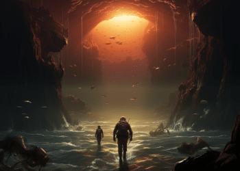 Futuristic soldiers trek across a rugged alien shoreline under a massive cavernous arch with a glowing red sun setting in the background, hinting at the expansive worlds and cross-play capabilities in the upcoming Helldivers 2 for PC.