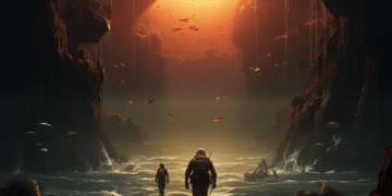 Futuristic soldiers trek across a rugged alien shoreline under a massive cavernous arch with a glowing red sun setting in the background, hinting at the expansive worlds and cross-play capabilities in the upcoming Helldivers 2 for PC.