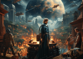 Sci-fi city under siege with large moon, hero and spaceships, resembling a scene from