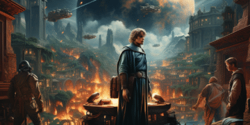 Sci-fi city under siege with large moon, hero and spaceships, resembling a scene from