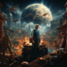 Sci-fi city under siege with large moon, hero and spaceships, resembling a scene from