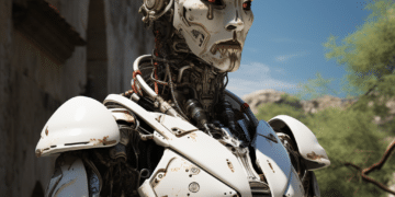 Imagen detallada de un androide avanzado con un diseño intrincado y ojos rojos, evocando los temas de inteligencia artificial y filosofía que se exploran en el análisis de 'The Talos Principle 2'.