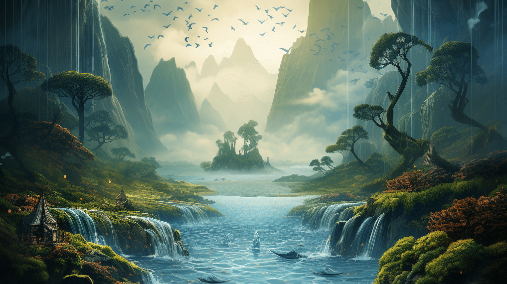 Imagen de un paisaje fantástico que podría representar Pandora de Avatar: aguas cristalinas que fluyen de cascadas, árboles majestuosos, montañas neblinosas, con aves volando en el cielo y barcos navegando. En el primer plano, hay una cabaña que se integra armoniosamente con la naturaleza. El ambiente es pacífico y etéreo, evocando la mística y la belleza del juego Avatar: Fronteras de Pandora