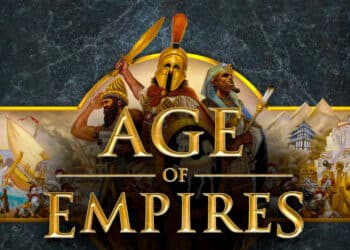Imagen promocional del videojuego "Age of Empires" mostrando tres líderes históricos: un guerrero griego, un faraón egipcio y un emperador asiático, con escenas de batalla naval y asedio en el fondo.