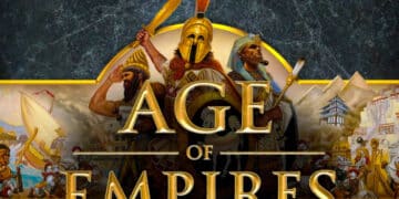 Imagen promocional del videojuego "Age of Empires" mostrando tres líderes históricos: un guerrero griego, un faraón egipcio y un emperador asiático, con escenas de batalla naval y asedio en el fondo.