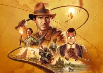 Imagem promocional para um título de Indiana Jones, mostrando o herói aventureiro de chapéu e chicote em primeiro plano, com aliados e adversários em cenas de ação ao fundo, incluindo pirâmides e um avião. A arte captura a essência de aventura e mistério da franquia, com cores quentes e um mapa como pano de fundo que sugere uma jornada global em busca de artefatos antigos.