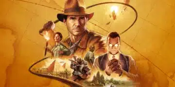 Imagem promocional para um título de Indiana Jones, mostrando o herói aventureiro de chapéu e chicote em primeiro plano, com aliados e adversários em cenas de ação ao fundo, incluindo pirâmides e um avião. A arte captura a essência de aventura e mistério da franquia, com cores quentes e um mapa como pano de fundo que sugere uma jornada global em busca de artefatos antigos.