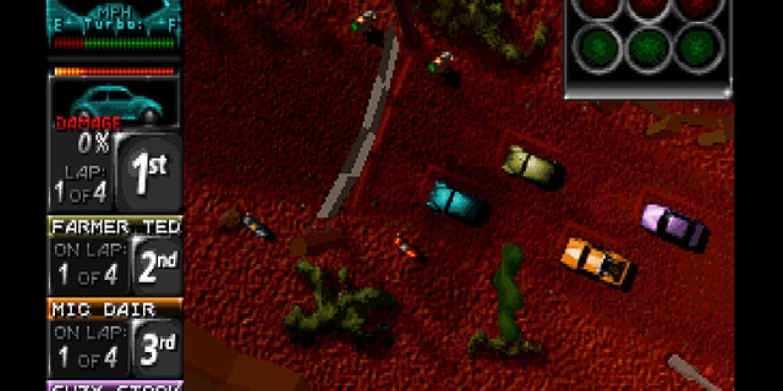 Screenshot from the classic top-down racing game 'Death Rally', showing a race in progress with various cars competing on a dirt track, relevant to the article about cheat codes for the game on various platforms like MS-DOS, IOS, Android, and Windows.