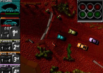 Screenshot from the classic top-down racing game 'Death Rally', showing a race in progress with various cars competing on a dirt track, relevant to the article about cheat codes for the game on various platforms like MS-DOS, IOS, Android, and Windows.
