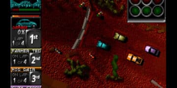Screenshot from the classic top-down racing game 'Death Rally', showing a race in progress with various cars competing on a dirt track, relevant to the article about cheat codes for the game on various platforms like MS-DOS, IOS, Android, and Windows.