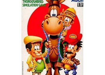 Imagen de la portada del videojuego "Derby Stallion III", un juego de simulación de caballos purasangres. Muestra un caballo marrón sonriente en el centro, flanqueado por tres personajes animados: un hombre mayor con sombrero de copa, un joven con gorra y un chico con sombrero rojo. El título del juego está en la parte superior en letras grandes, con el logo de ASCII en la esquina superior derecha y una etiqueta de Super Famicom en la esquina inferior derecha. El fondo es blanco con detalles en azul y rojo.