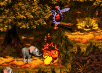 Captura de tela de 'Donkey Kong Country 3: Dixie Kong's Double Trouble!' apresentando Dixie Kong ao lado de um elefante e uma abelha inimiga em um nível de selva vibrante.