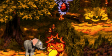 Captura de tela de 'Donkey Kong Country 3: Dixie Kong's Double Trouble!' apresentando Dixie Kong ao lado de um elefante e uma abelha inimiga em um nível de selva vibrante.