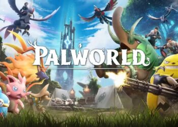 The image displays an energetic scene from the game Palworld, where characters and creatures collaborate in a lush, vibrant world, blending fantasy elements with action-packed adventure.