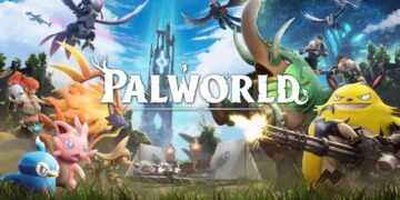 The image displays an energetic scene from the game Palworld, where characters and creatures collaborate in a lush, vibrant world, blending fantasy elements with action-packed adventure.