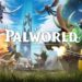 The image displays an energetic scene from the game Palworld, where characters and creatures collaborate in a lush, vibrant world, blending fantasy elements with action-packed adventure.