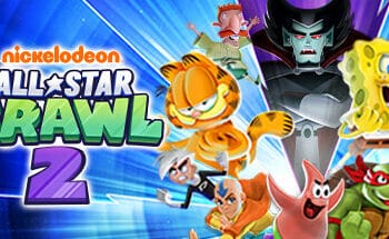 Promotional banner for "Nickelodeon All-Star Brawl 2" featuring a collage of Nickelodeon characters ready for action. SpongeBob, with his wide smile, takes center stage, alongside other iconic figures like the Teenage Mutant Ninja Turtles, characters from "The Fairly OddParents," and "The Ren & Stimpy Show," all against a dynamic blue and starry backdrop. The title of the game is prominently displayed in bold, colorful letters, capturing the excitement and chaos of this crossover fighting game.