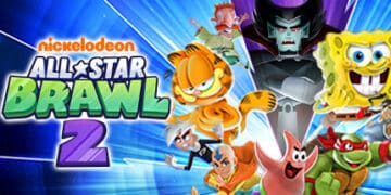 Promotional banner for "Nickelodeon All-Star Brawl 2" featuring a collage of Nickelodeon characters ready for action. SpongeBob, with his wide smile, takes center stage, alongside other iconic figures like the Teenage Mutant Ninja Turtles, characters from "The Fairly OddParents," and "The Ren & Stimpy Show," all against a dynamic blue and starry backdrop. The title of the game is prominently displayed in bold, colorful letters, capturing the excitement and chaos of this crossover fighting game.