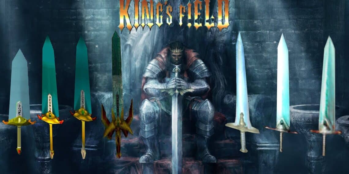 In-game image from 'King's Field II' depicting a player encountering a dragon-like creature in a dimly lit dungeon, illustrating the game's early 3D graphics and fantasy RPG elements.