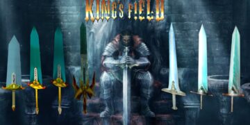 In-game image from 'King's Field II' depicting a player encountering a dragon-like creature in a dimly lit dungeon, illustrating the game's early 3D graphics and fantasy RPG elements.