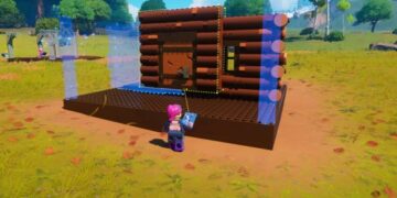 In-game image from "Lego Fortnite," featuring a character with pink hair building a simple log cabin structure out of LEGO bricks. The environment is bright and colorful, with a lush, green landscape dotted with trees and a clear blue sky. The character is equipped with a back bling and a pickaxe, standard gear for Fortnite, but with a LEGO twist. The scene captures the playful crossover between LEGO's imaginative building and Fortnite's survival gameplay.