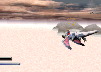 In-game screenshot of "Panzer Dragoon II Zwei", showcasing the player riding a dragon, firing at enemies over a vast desert landscape. The image captures the game's unique aesthetic with a surreal, cloudy sky above and a minimalist HUD displaying health and score. The dragon and rider are detailed, emphasizing the game's blend of fantasy elements with shoot-'em-up action, a hallmark of the Sega Saturn era's innovative graphics and gameplay.