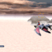 In-game screenshot of "Panzer Dragoon II Zwei", showcasing the player riding a dragon, firing at enemies over a vast desert landscape. The image captures the game's unique aesthetic with a surreal, cloudy sky above and a minimalist HUD displaying health and score. The dragon and rider are detailed, emphasizing the game's blend of fantasy elements with shoot-'em-up action, a hallmark of the Sega Saturn era's innovative graphics and gameplay.
