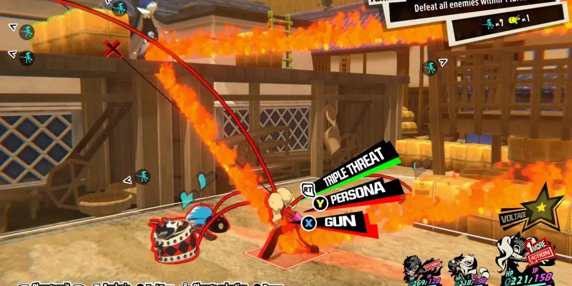 Screenshot from "Persona 5 Tactica" showcasing a battle scene with a character executing a fiery 'Triple Threat' attack. The HUD displays options for 'Persona' and 'Gun' with an active 'Voltage' boost indicating '1 More Action'. In the background is a traditional Japanese interior with sliding doors and tatami floors, engulfed in stylized flames. The turn-based combat system is indicated by the 'TURN 1' prompt, and the objective 'Defeat all enemies within 1 turns' is clearly visible. The dynamic visual style is consistent with the high-energy aesthetic of the "Persona" series.