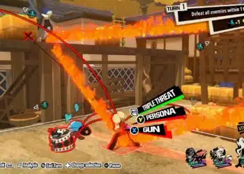 Screenshot from "Persona 5 Tactica" showcasing a battle scene with a character executing a fiery 'Triple Threat' attack. The HUD displays options for 'Persona' and 'Gun' with an active 'Voltage' boost indicating '1 More Action'. In the background is a traditional Japanese interior with sliding doors and tatami floors, engulfed in stylized flames. The turn-based combat system is indicated by the 'TURN 1' prompt, and the objective 'Defeat all enemies within 1 turns' is clearly visible. The dynamic visual style is consistent with the high-energy aesthetic of the "Persona" series.
