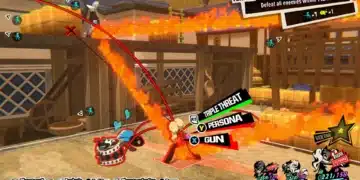 Screenshot from "Persona 5 Tactica" showcasing a battle scene with a character executing a fiery 'Triple Threat' attack. The HUD displays options for 'Persona' and 'Gun' with an active 'Voltage' boost indicating '1 More Action'. In the background is a traditional Japanese interior with sliding doors and tatami floors, engulfed in stylized flames. The turn-based combat system is indicated by the 'TURN 1' prompt, and the objective 'Defeat all enemies within 1 turns' is clearly visible. The dynamic visual style is consistent with the high-energy aesthetic of the "Persona" series.