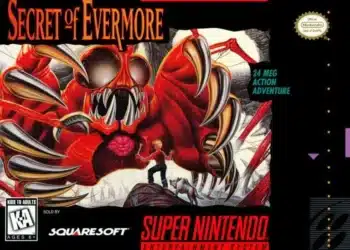 Imagen de portada de 'Secret of Evermore' para Super Nintendo, mostrando un héroe enfrentándose a una criatura gigantesca, referente a trucos y códigos del juego.