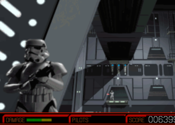 Screenshot from 'Star Wars: Rebel Assault' showing a stormtrooper in the foreground with the game's HUD displaying damage levels and score, relevant to an article about cheats and cheat codes for the DOS and PC versions.