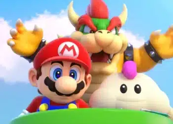 High-quality image from a Mario franchise game, featuring Mario in his classic red hat and blue overalls, Bowser with his fierce expression and spiked shell, and a cheerful white Mallow. They are poised for action atop a grassy platform against a bright blue sky, reflecting the vibrant and whimsical nature of the Mario universe. This image encapsulates the camaraderie and adventure typical of Mario RPG games, where unlikely allies come together for a greater cause.